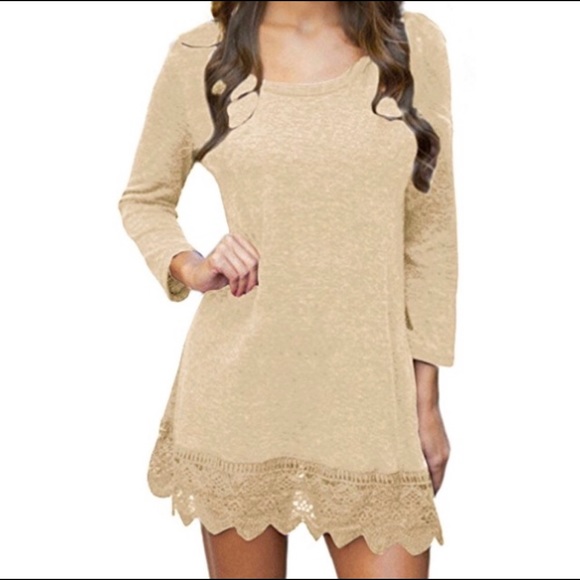 Dresses & Skirts - Cream long sleeve dress with lace bottom accent